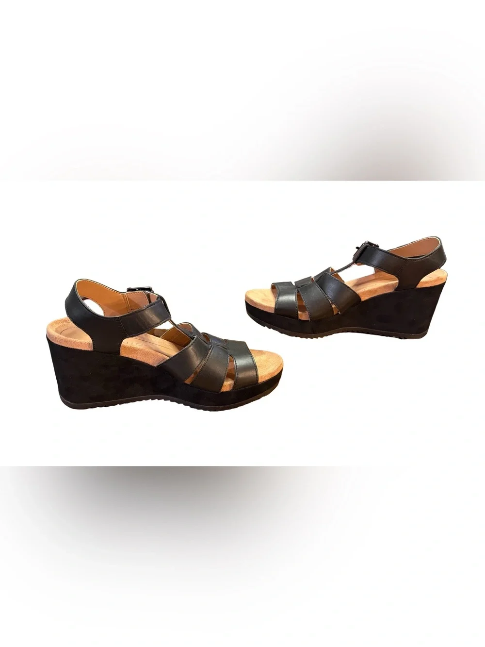 Vionic Tawny Platform Wedge Sandals Black Leather/Suede Women's Size 6